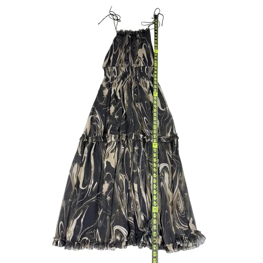 Banana Republic Marbled Halter Smocked Waist Maxi Dress Women's Small Black Tan